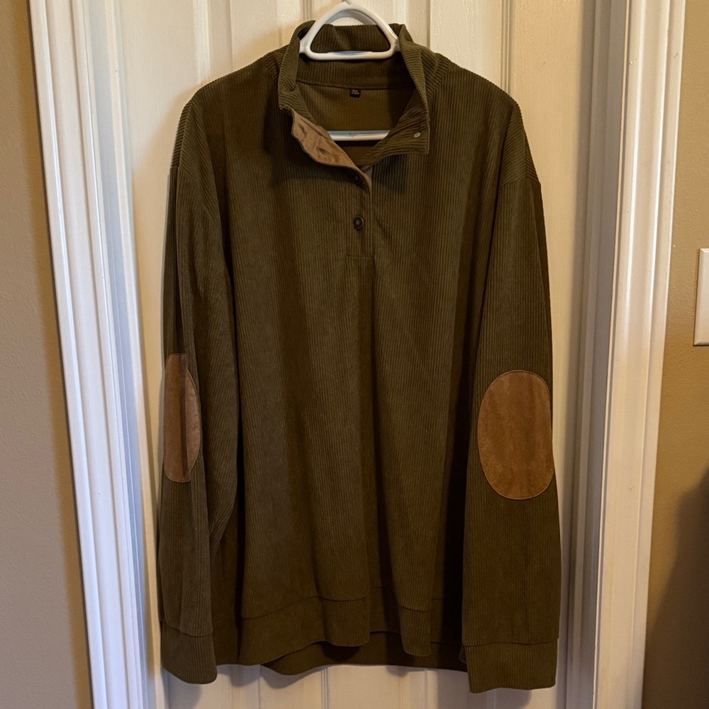 Olive Green Pullover with Tan Elbow Patches